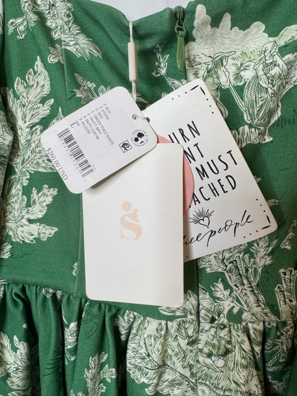 Selkie Green and Cream Long Sleeve Puff-Sleeve Mini Dress - Picture 7 of 8